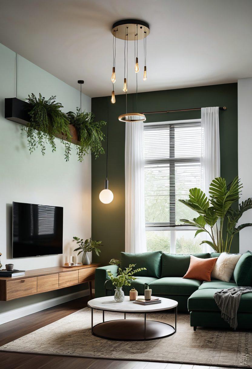 A modern living room showcasing various innovative lighting designs and smart home gadgets, including stylish pendant lights, vibrant LED strips, and a smart thermostat. The room is well-decorated with plants and contemporary furniture, emphasizing functionality and aesthetics. Bright, inviting colors will illuminate the space, creating a warm atmosphere. super-realistic. vibrant colors. 3D.