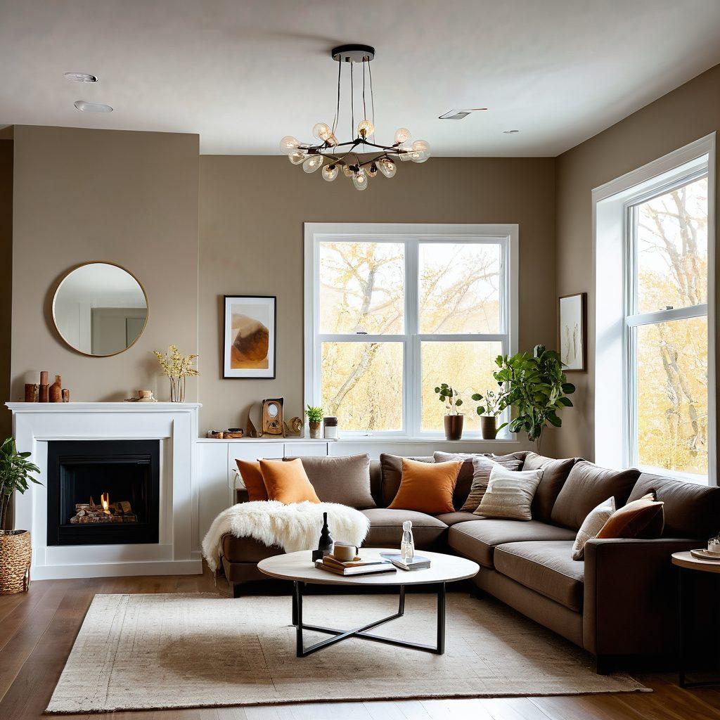 A brightly lit modern interior featuring a cozy living room with stylish lighting fixtures and earthy tones, showcasing various electrical solutions like smart switches. Include a friendly electrician demonstrating tips on efficient lighting with tools in hand. Emphasize warmth and innovation in home decor. super-realistic. vibrant colors. white background.