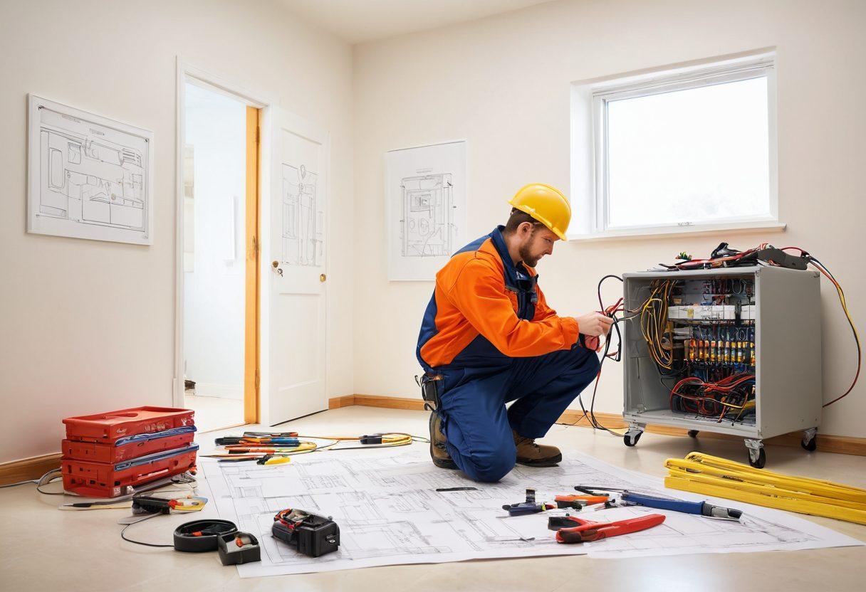 A warm, inviting home interior showcasing an electrician skillfully wiring in a circuit panel, surrounded by tools and safety gear. Brightly lit, emphasizing the importance of safety and efficiency in electrical work, with a friendly expert guiding the process. Include visual elements like blueprints and electrical diagrams in the background to enhance the theme. super-realistic. vibrant colors. white background.